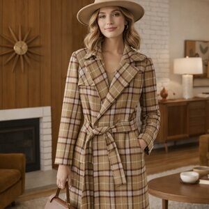 BCBGMAXAZRIA Plaid Shimmer Wool Belted Long Trench Coat